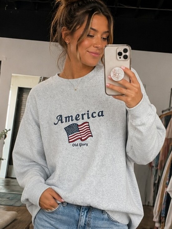 Vintage Tops - America Flag Graphic Sweatshirt - Light Gray